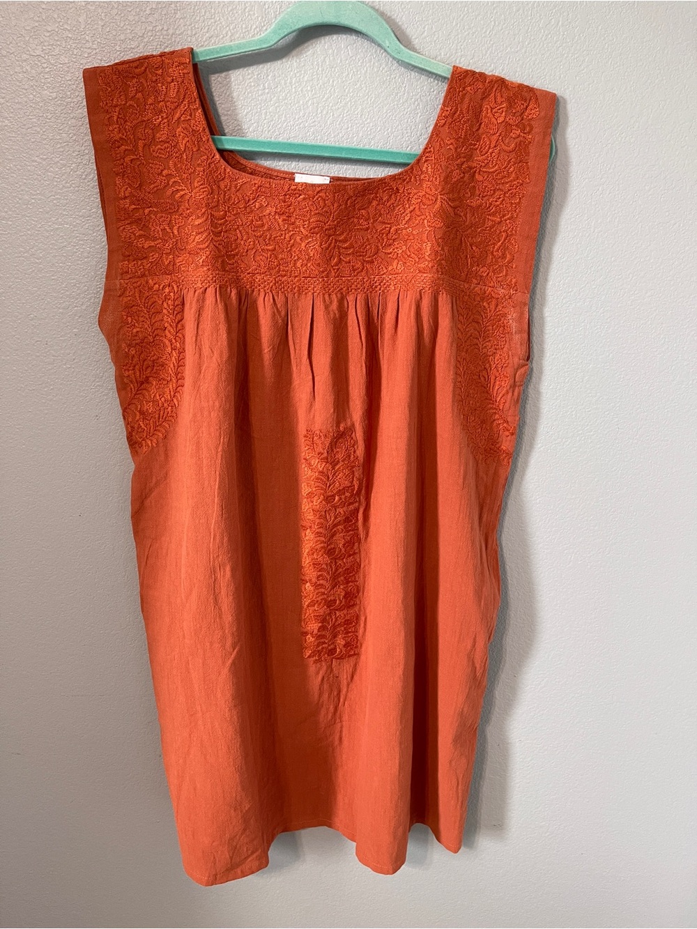 J Marie Terracotta Embroidered Tunic Mini Dress Sleeveless Boho Peasant Large
